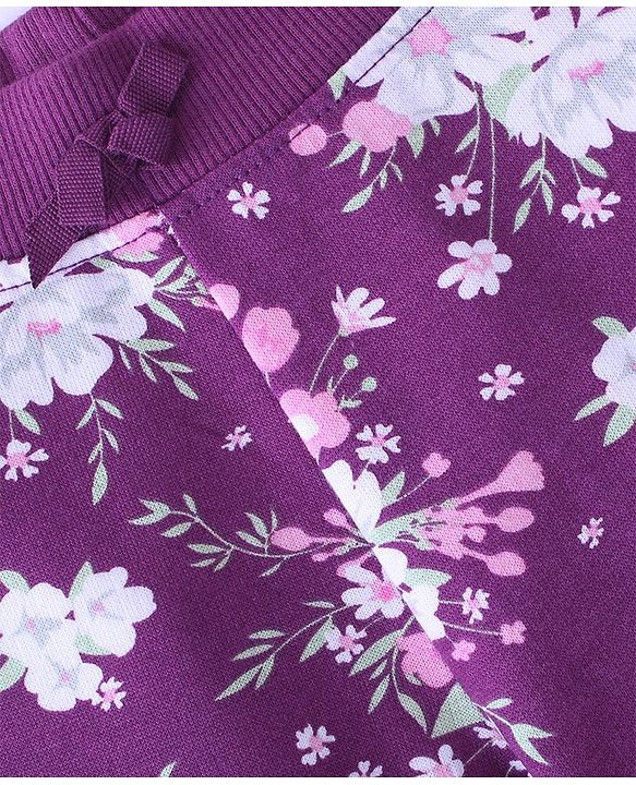 Babyhug Cotton Looper Knit Full Length Lounge Pant Floral Print - Purple