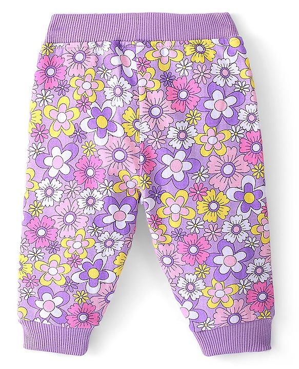 Babyhug Cotton Looper Knit Full Length Floral Print Lounge Pant - Purple