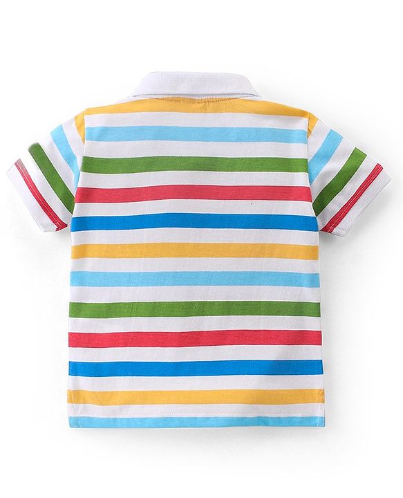 Babyhug Cotton Knit Half Sleeves Striped Polo T-Shirt with Applique Detailing - Multicolour
