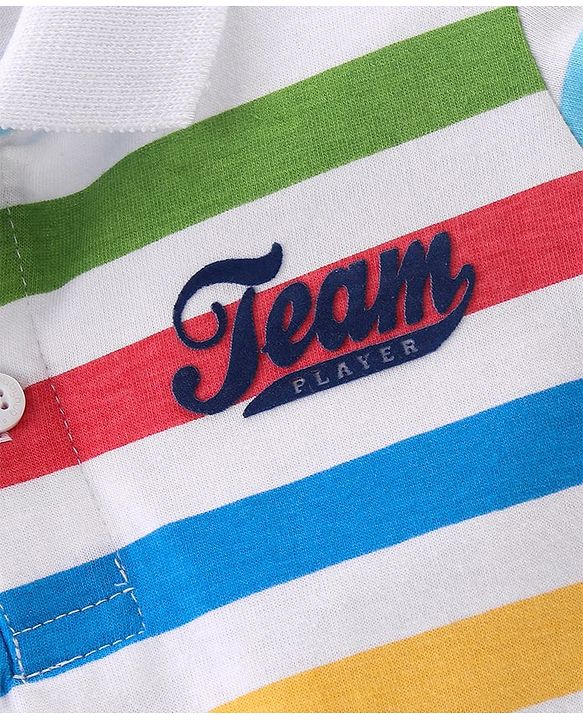 Babyhug Cotton Knit Half Sleeves Striped Polo T-Shirt with Applique Detailing - Multicolour