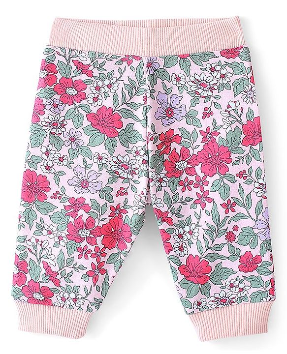 Babyhug Cotton Looper Knit Full Length Floral Print Lounge Pant - Purple & Pink