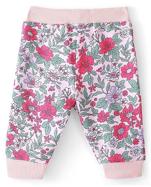 Babyhug Cotton Looper Knit Full Length Floral Print Lounge Pant - Purple & Pink