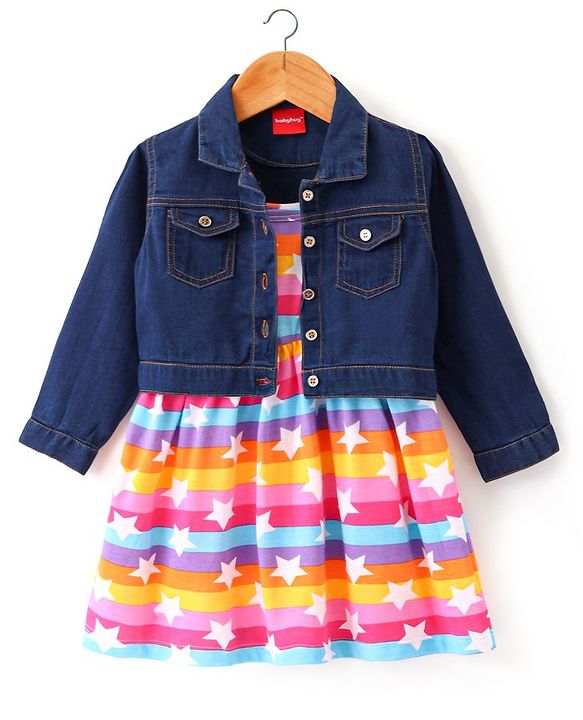 Babyhug 100% Cotton Knit Frock With Full Sleeves Denim Jacket Star Print- Multicolour
