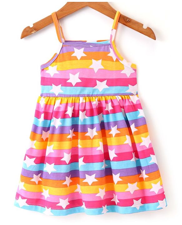 Babyhug 100% Cotton Knit Frock With Full Sleeves Denim Jacket Star Print- Multicolour