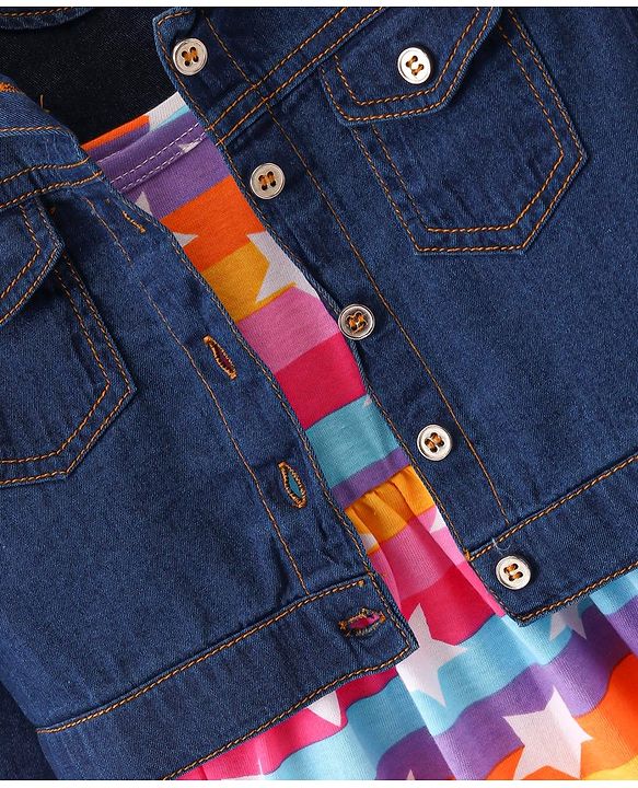 Babyhug 100% Cotton Knit Frock With Full Sleeves Denim Jacket Star Print- Multicolour