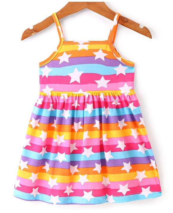 Babyhug 100% Cotton Knit Frock With Full Sleeves Denim Jacket Star Print- Multicolour