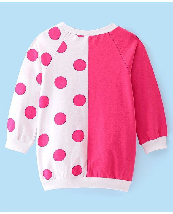 Babyhug Cotton Knit Full Sleeves Polka Dots Printed Frock with Cut & Sew Design - Pink & White