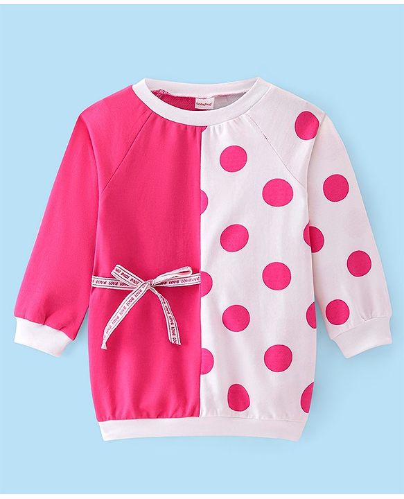 Babyhug Cotton Knit Full Sleeves Polka Dots Printed Frock with Cut & Sew Design - Pink & White