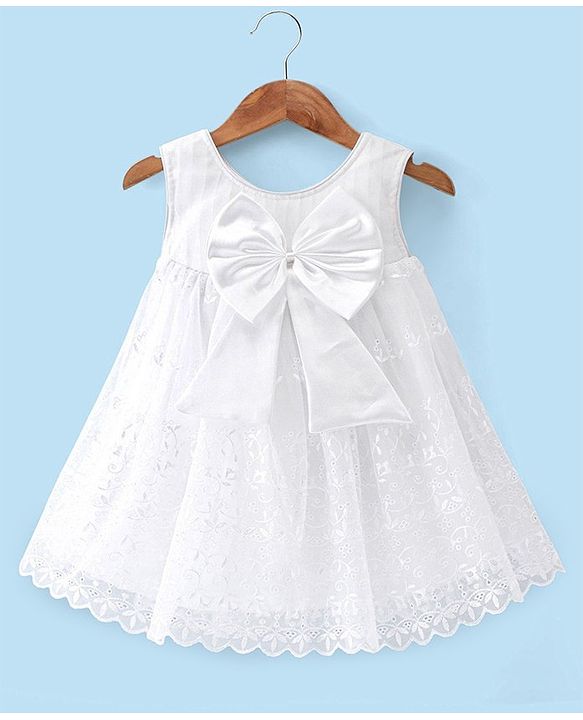 Babyhug Sleeveless A-Line Party Dress with Bow Applique - White
