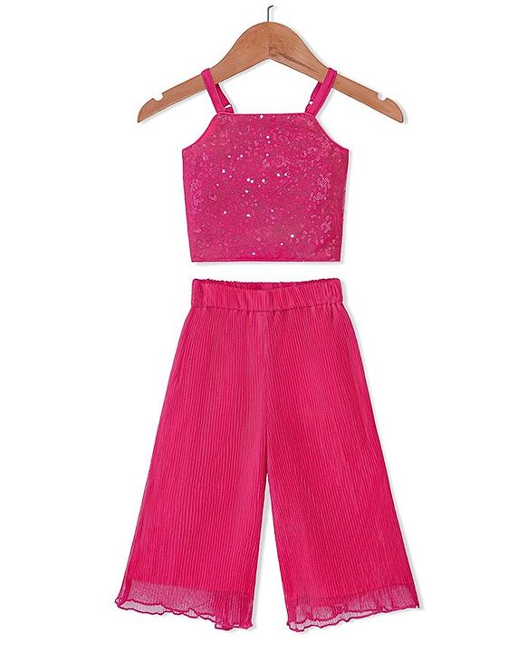 Babyhug Sleeveless Sequinned Top and Pleated Mesh Palazzo - Hot Pink