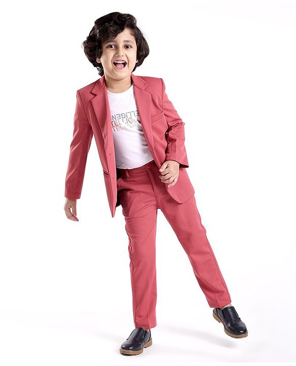 Babyhug Woven Full Sleeves Stretch Party Suit & T-Shirt with Text Print - White & Salmon Pink