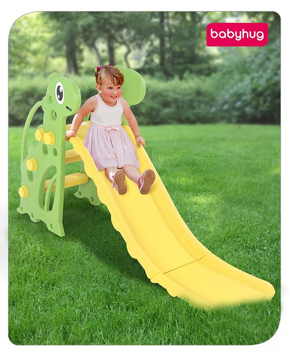 Babyhug Yellow and Green Dino Slide for Kids at Home(L 4.43 x B 1.48 x H 2.46) ft| Mini Freestanding Foldable Indoor Slider for 2-4 Years Kids| Child Safe Material| BIS Certified