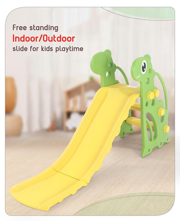 Babyhug Yellow and Green Dino Slide for Kids at Home(L 4.43 x B 1.48 x H 2.46) ft| Mini Freestanding Foldable Indoor Slider for 2-4 Years Kids| Child Safe Material| BIS Certified