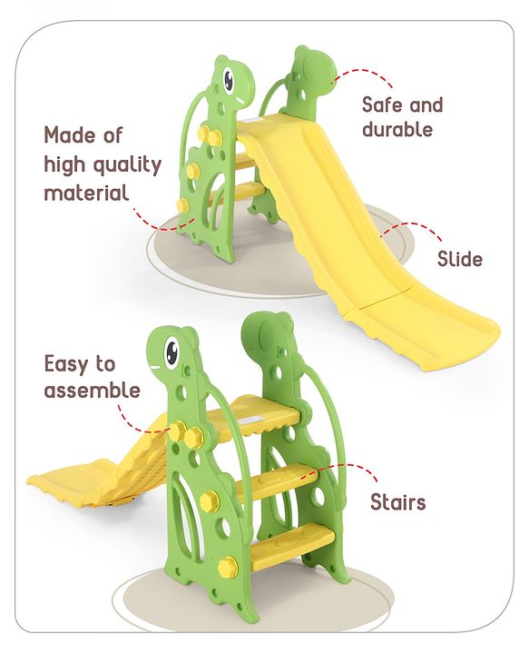 Babyhug Yellow and Green Dino Slide for Kids at Home(L 4.43 x B 1.48 x H 2.46) ft| Mini Freestanding Foldable Indoor Slider for 2-4 Years Kids| Child Safe Material| BIS Certified