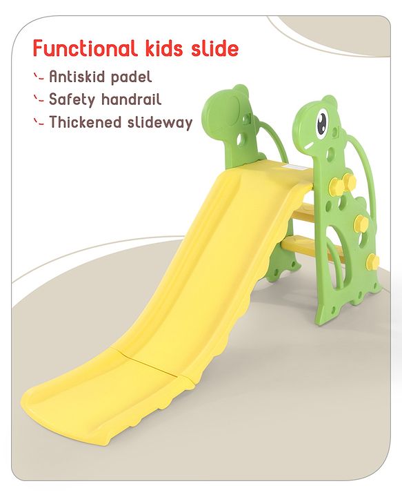 Babyhug Yellow and Green Dino Slide for Kids at Home(L 4.43 x B 1.48 x H 2.46) ft| Mini Freestanding Foldable Indoor Slider for 2-4 Years Kids| Child Safe Material| BIS Certified