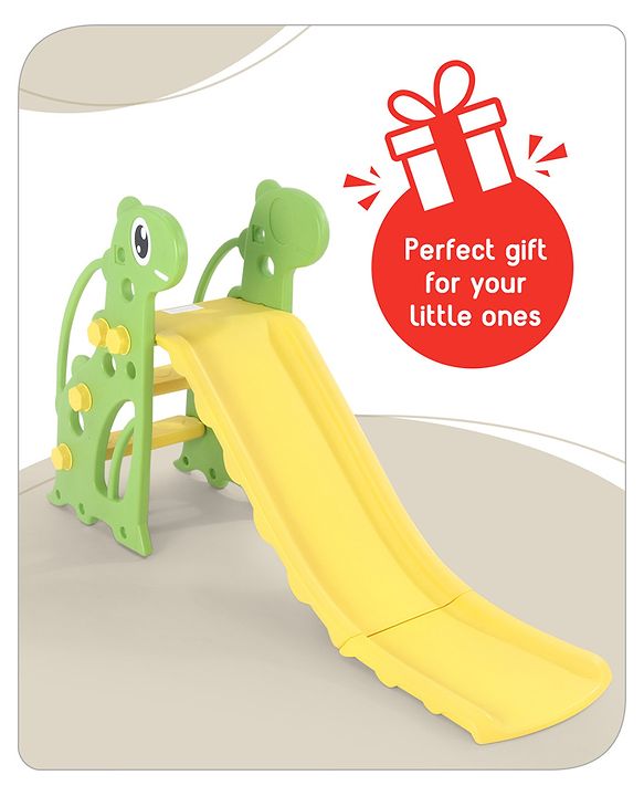 Babyhug Yellow and Green Dino Slide for Kids at Home(L 4.43 x B 1.48 x H 2.46) ft| Mini Freestanding Foldable Indoor Slider for 2-4 Years Kids| Child Safe Material| BIS Certified