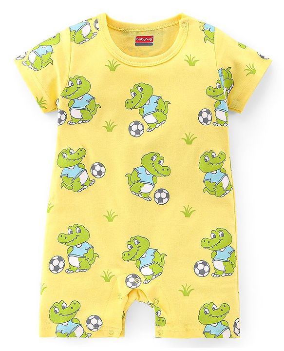 Babyhug 100% Cotton Knit Half Sleeves Rompers with Crocodile Print Pack of 2 - Yellow & Green