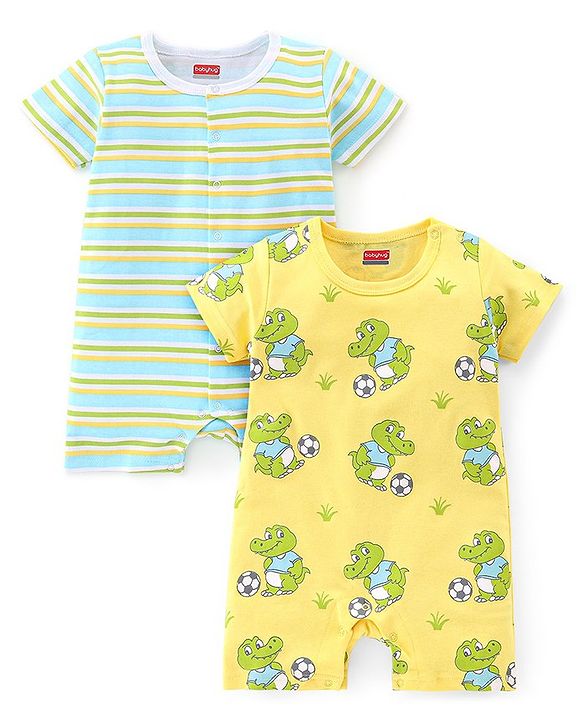Babyhug 100% Cotton Knit Half Sleeves Rompers with Crocodile Print Pack of 2 - Yellow & Green