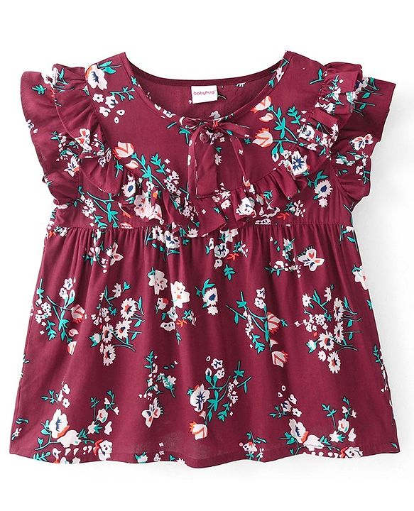 Babyhug Cotton Rayon Woven Frill Sleeves Frock Style Top with Floral Print - Maroon