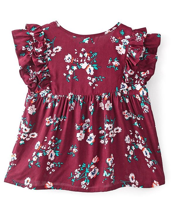 Babyhug Cotton Rayon Woven Frill Sleeves Frock Style Top with Floral Print - Maroon