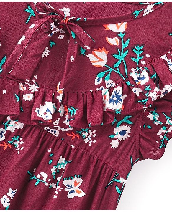 Babyhug Cotton Rayon Woven Frill Sleeves Frock Style Top with Floral Print - Maroon