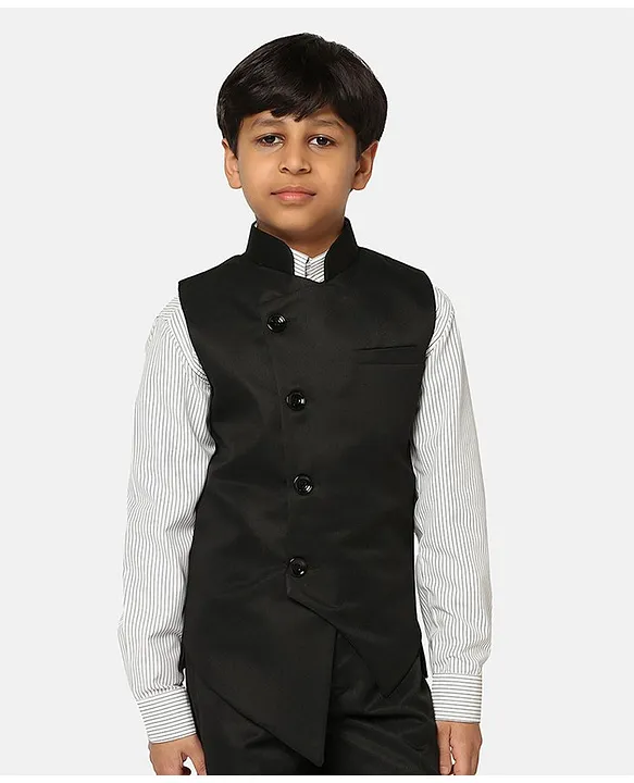 Solid Color Suede Asymmetric Nehru Jacket in Navy Blue : MXX413