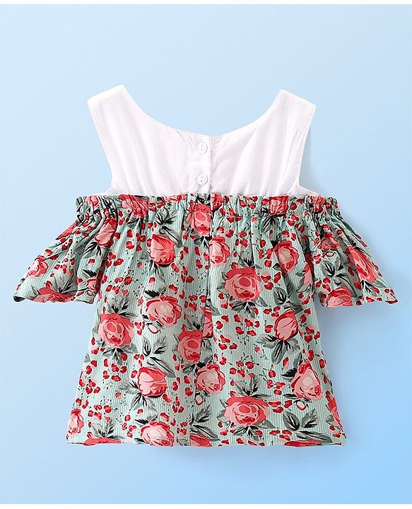 Babyhug Rayon Woven Half Sleeves Cold Shoulder Woven Top with All Over Floral Print - Light Blue