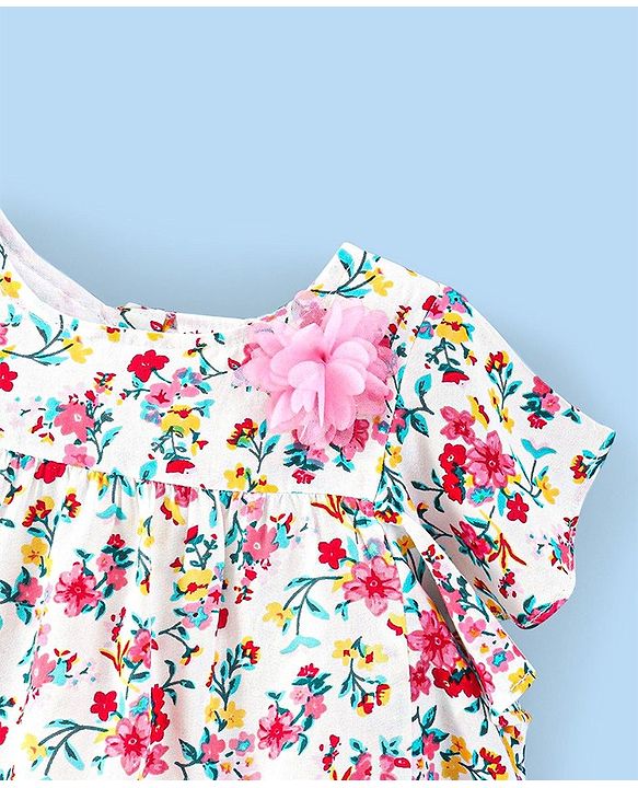 Babyhug 100%  Rayon Woven Half Sleeves Kaftan Top with Floral Print & Corsage Detailing - Multicolour