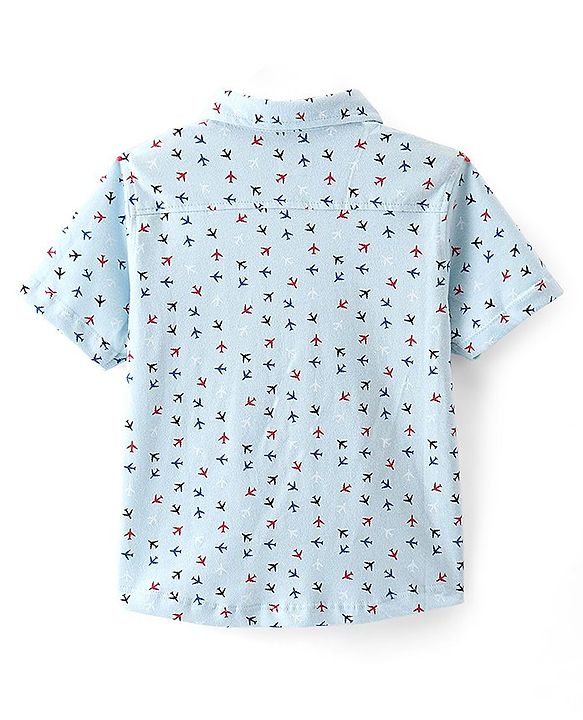 Babyhug 100% Cotton Knit Half Sleeves Regular Collar Shirt Airplane Print - Blue