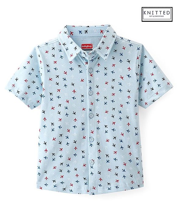 Babyhug 100% Cotton Knit Half Sleeves Regular Collar Shirt Airplane Print - Blue