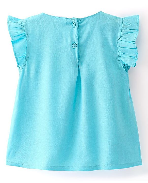 Babyhug Rayon Woven Frill Sleeves Top Floral Embroidery- Blue