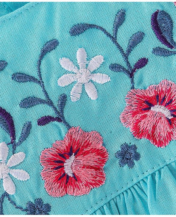 Babyhug Rayon Woven Frill Sleeves Top Floral Embroidery- Blue