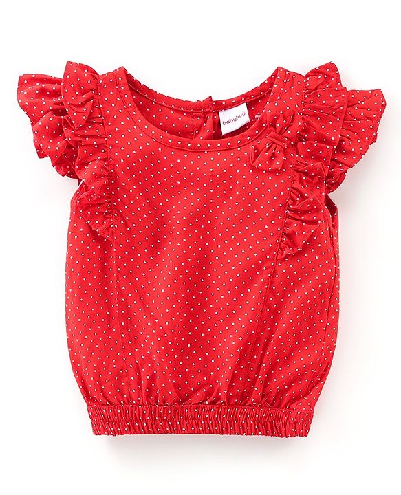 Babyhug Cotton Rayon Woven Frill Sleeves Polka Dots Print Top with Bow - Red