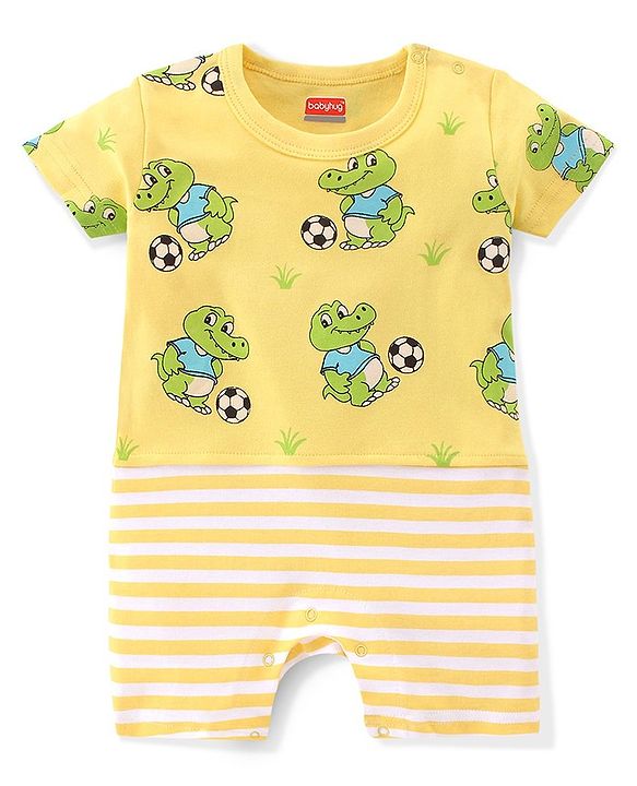 Babyhug 100% Cotton Half Sleeves Romper With Dino Print - Yellow