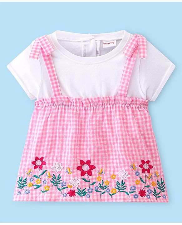 Babyhug Seer Sucker Woven Half Sleeves Checks Top Floral Embroidery- Pink & White
