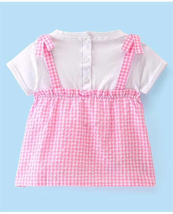 Babyhug Seer Sucker Woven Half Sleeves Checks Top Floral Embroidery- Pink & White