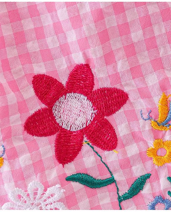 Babyhug Seer Sucker Woven Half Sleeves Checks Top Floral Embroidery- Pink & White