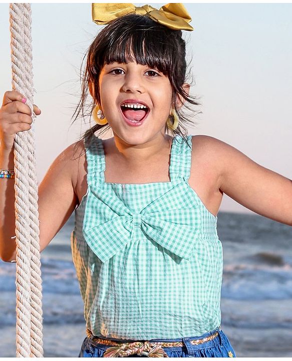 Babyhug Seer Sucker Sleeveless Woven Top with Smocking & Bow Detailing Checkered - Green & White
