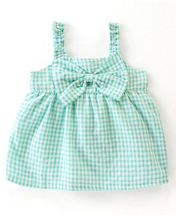Babyhug Seer Sucker Sleeveless Woven Top with Smocking & Bow Detailing Checkered - Green & White