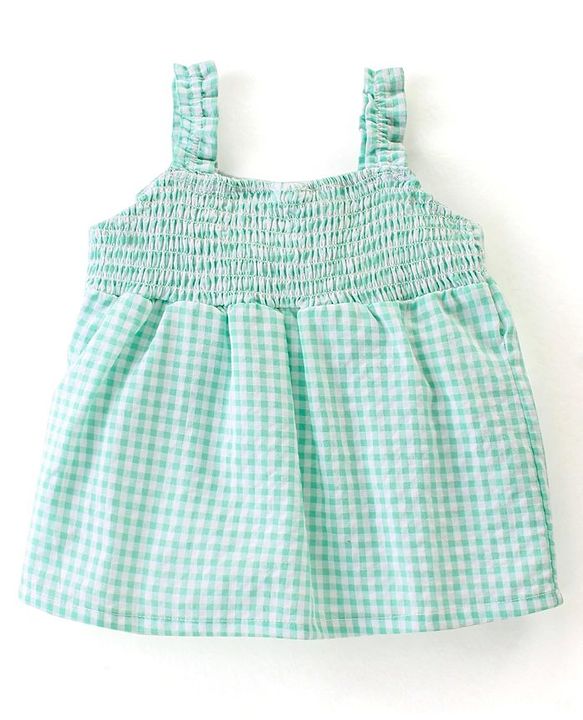 Babyhug Seer Sucker Sleeveless Woven Top with Smocking & Bow Detailing Checkered - Green & White