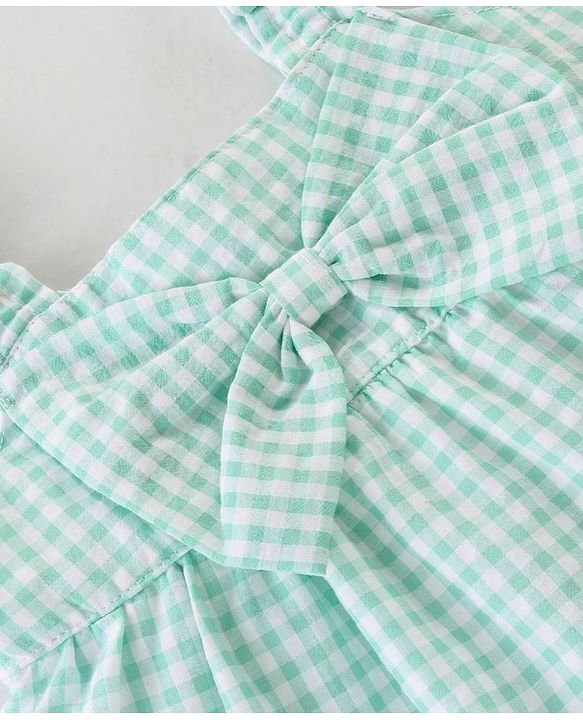 Babyhug Seer Sucker Sleeveless Woven Top with Smocking & Bow Detailing Checkered - Green & White