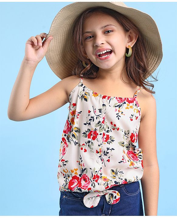 Babyhug 100% Rayon Woven Sleeveless Top with Floral Print & Bow Detailing - White