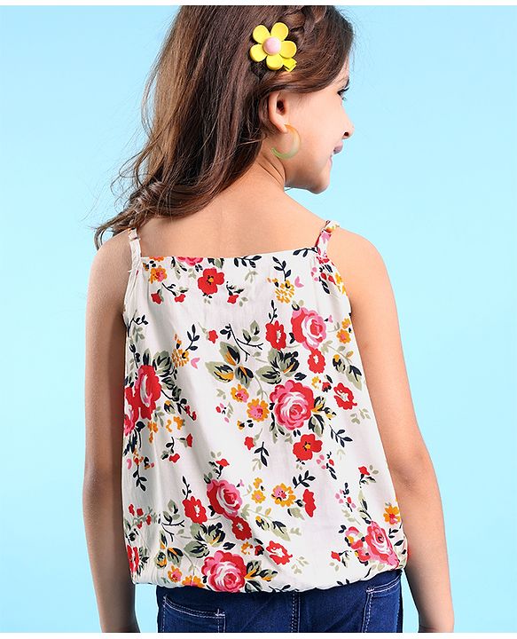 Babyhug 100% Rayon Woven Sleeveless Top with Floral Print & Bow Detailing - White