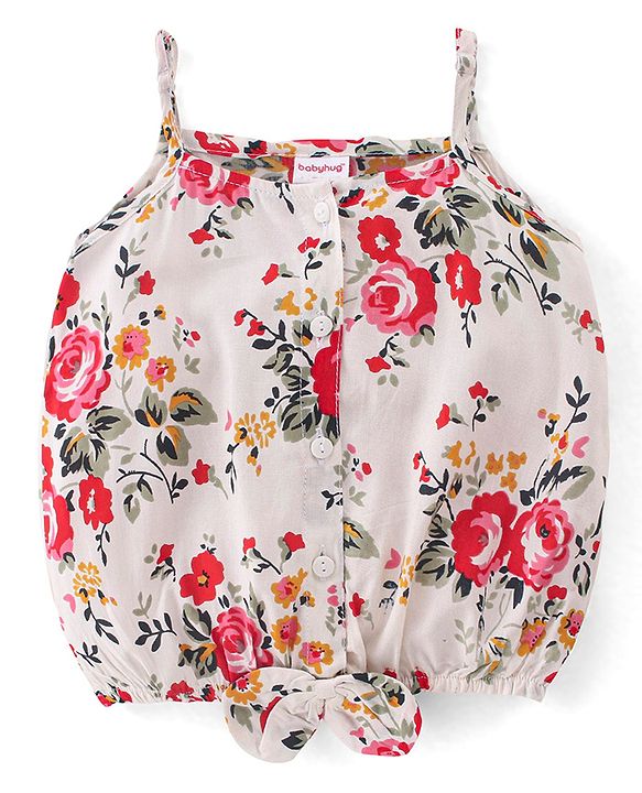 Babyhug 100% Rayon Woven Sleeveless Top with Floral Print & Bow Detailing - White