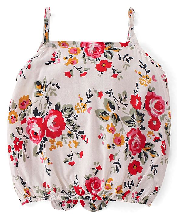 Babyhug 100% Rayon Woven Sleeveless Top with Floral Print & Bow Detailing - White