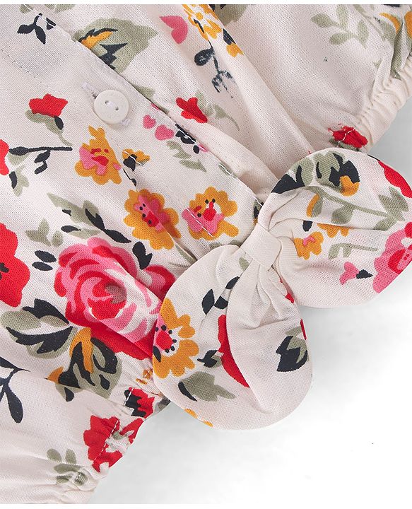 Babyhug 100% Rayon Woven Sleeveless Top with Floral Print & Bow Detailing - White