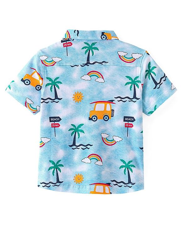 Babyhug Cotton Knit Half Sleeves Regular Collar Car Printed Shirt - Blue