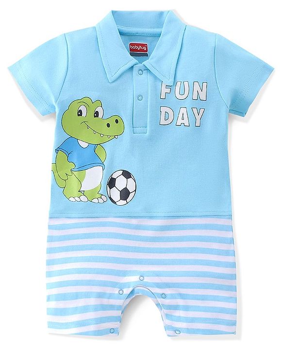 Babyhug 100% Cotton Half Sleeves Romper With Crocodile Print - Blue