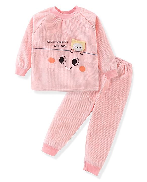 Babyhug Raglan Sleeves Winter Wear Suit With Bear Applique and Print - Peach