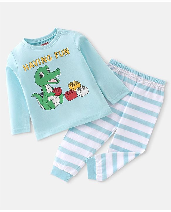 Babyhug Cotton Knit Full Sleeves Night Suit With Dino Print - Blue & White